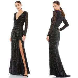 Mac Duggal Sequined Long Sleeve Gown Maxi Dress 26490 Size 18 Black NWOT